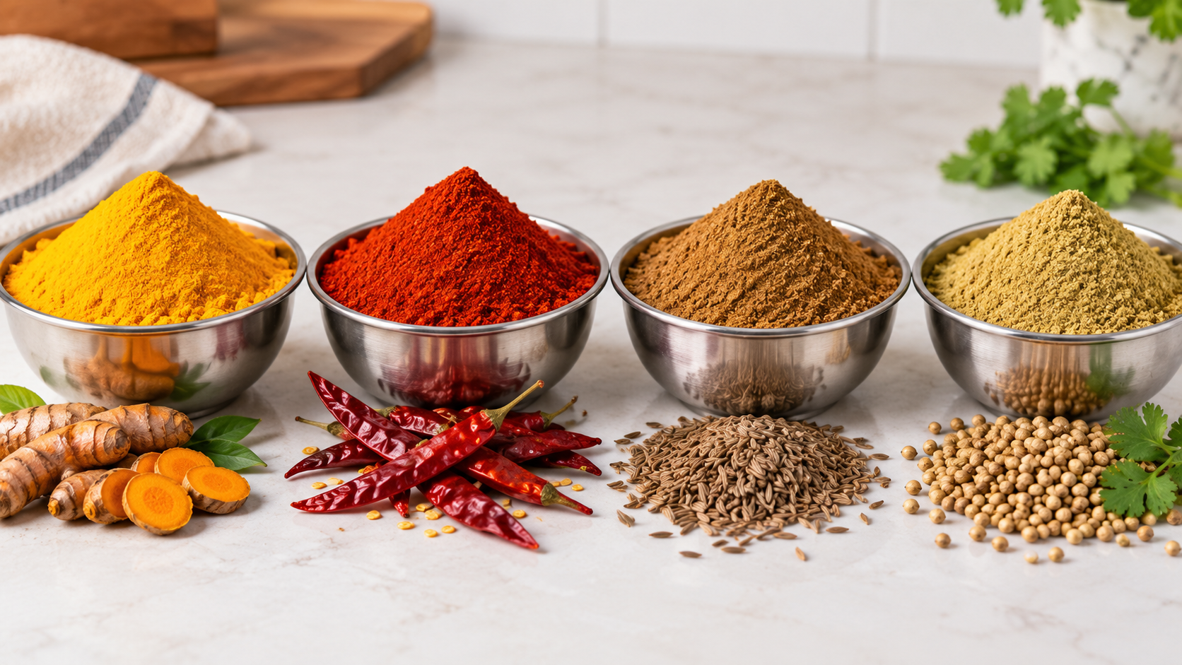 Turmeric, chilli, cumin and coriander powders in bowls for bulk spice buyers