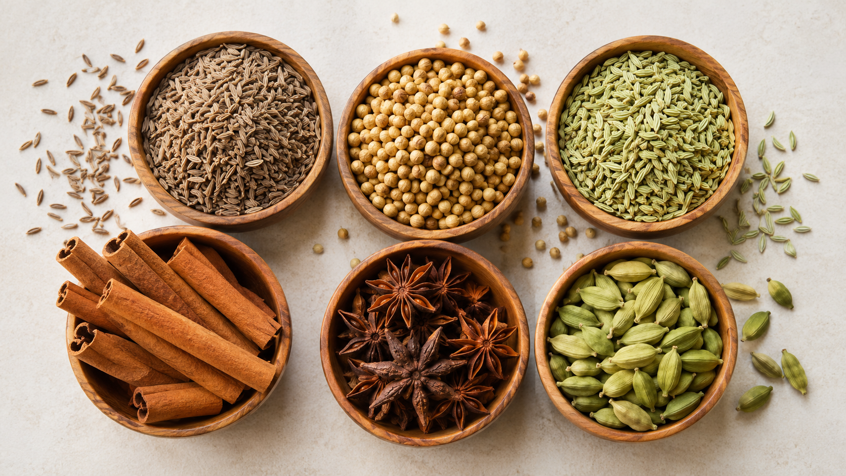 Whole Indian spices including cumin, cinnamon, star anise and cardamom in wooden bowls