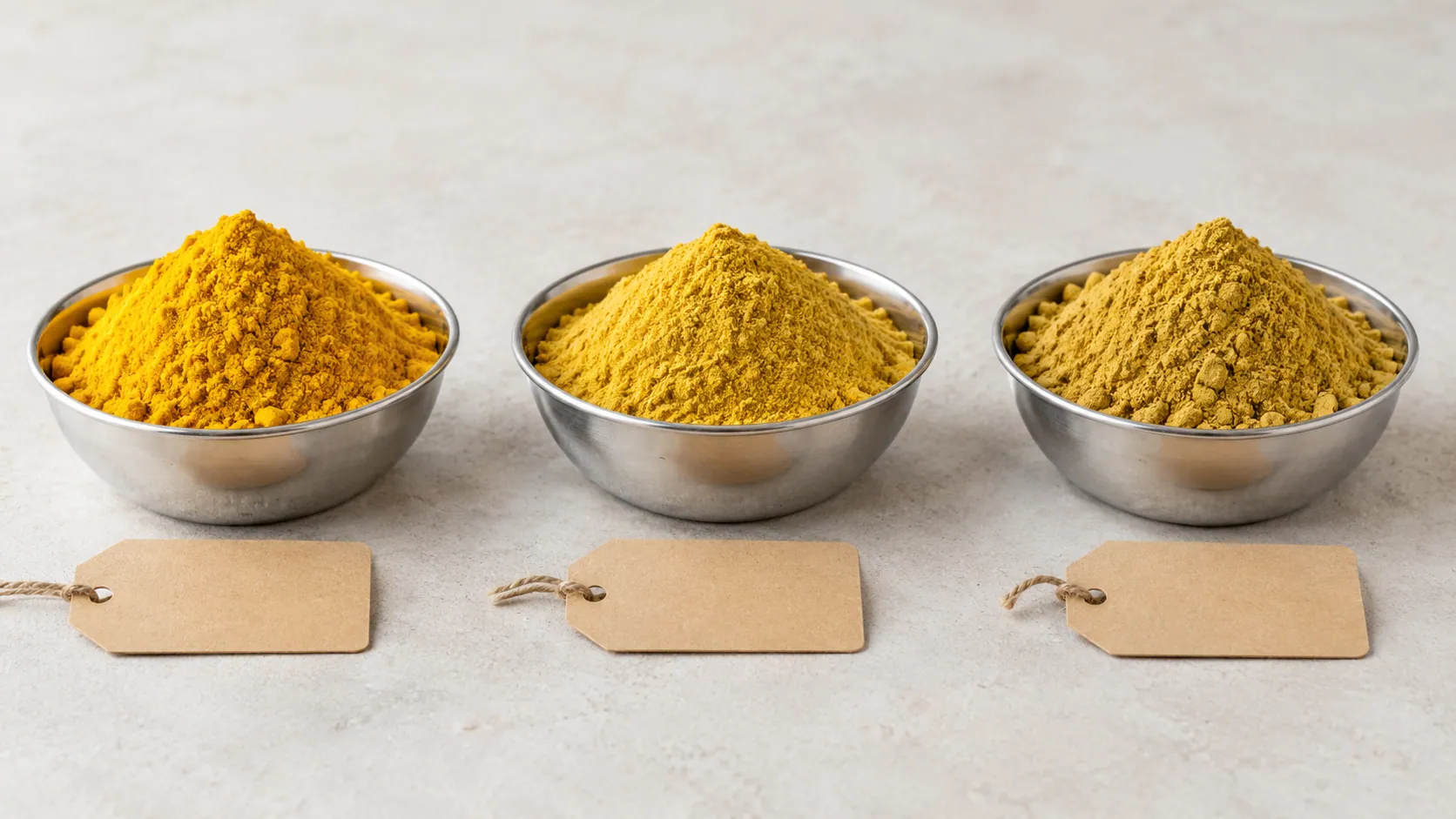 Three bowls of mustard powder representing organic, IPM and conventional types