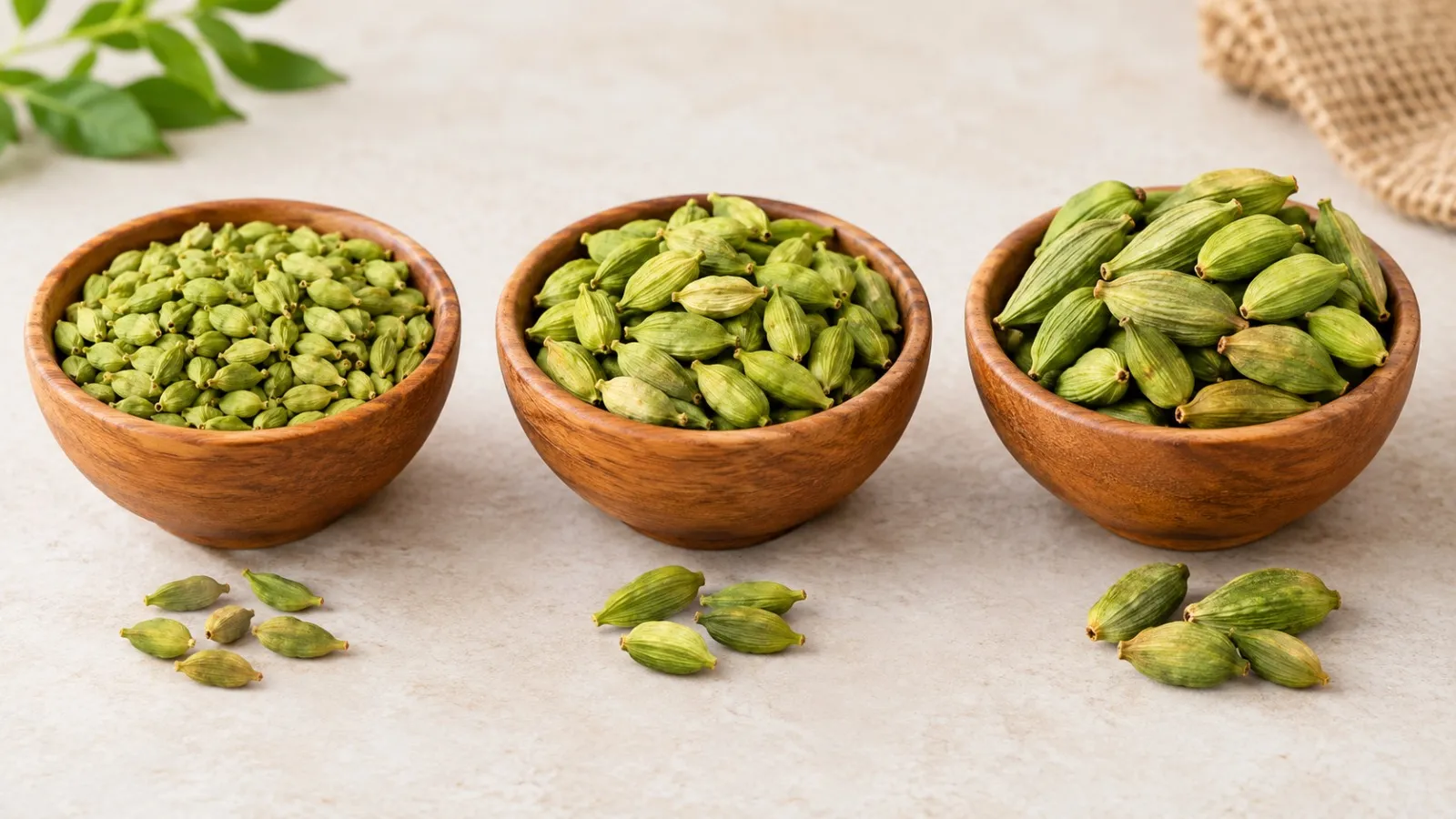 Green cardamom pods in three size grades: 6mm, 7mm and bold