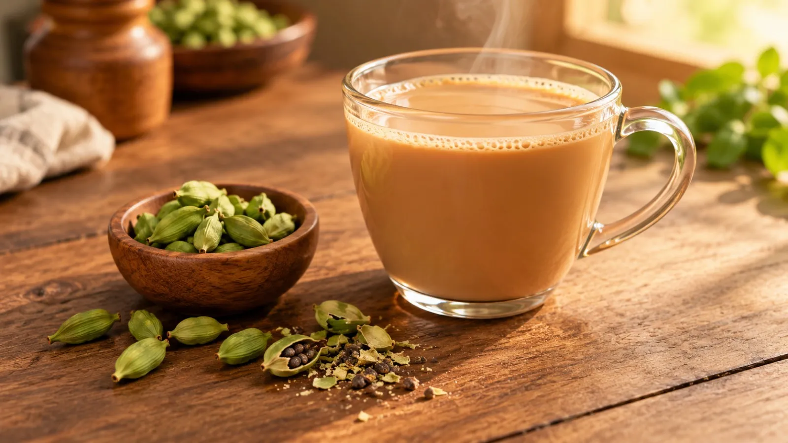 Masala chai with crushed cardamom pods and seeds
